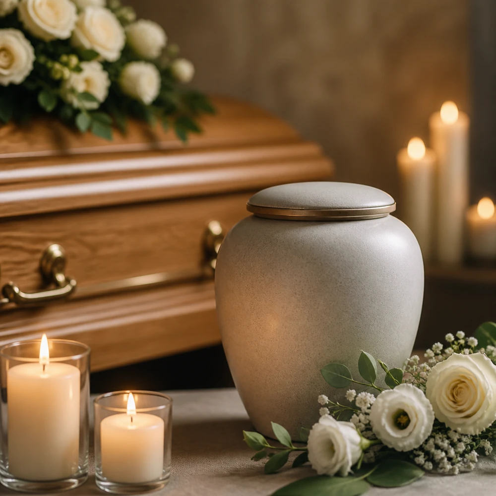 Urna cineraria con fiori e candele